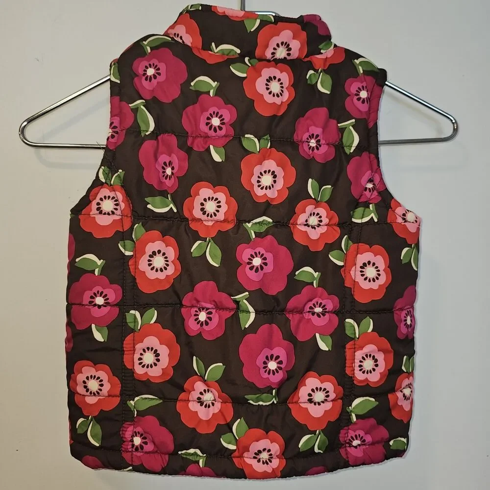 Girls Oshkosh Genuine Kids Full Zip Brown w/ Flowers Quilted Puffer Vest Size 5T